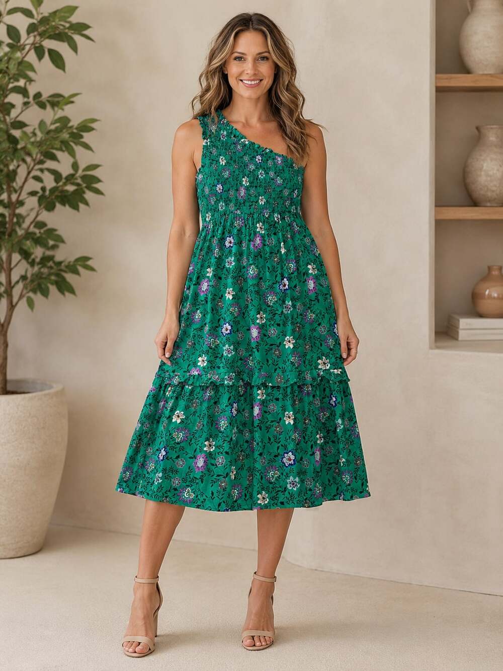 Knox Rose One Shoulder Smocked Floral Maxi Dress Green Boho Women’s Medium